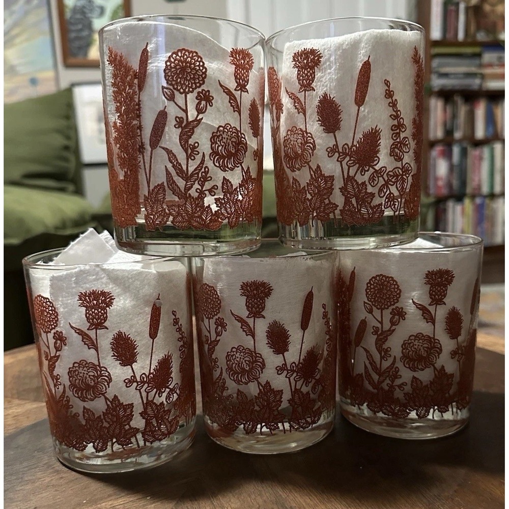 Set of 5 Wildflower Embossed Lowball Glasses Vintage 70s Mint- Rare Boho Witchy